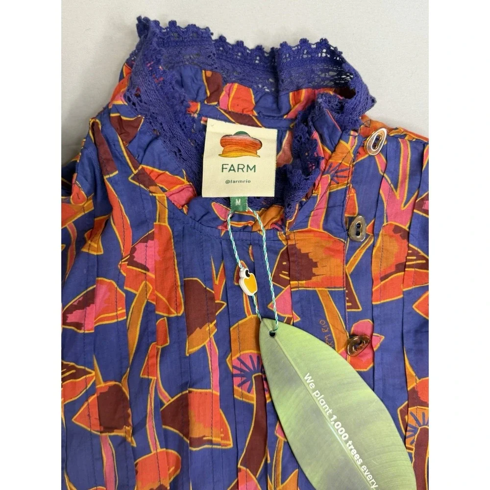 Farm Rio Bright Blue Mushroom Sketch Blouse Buttons M NEW Statement